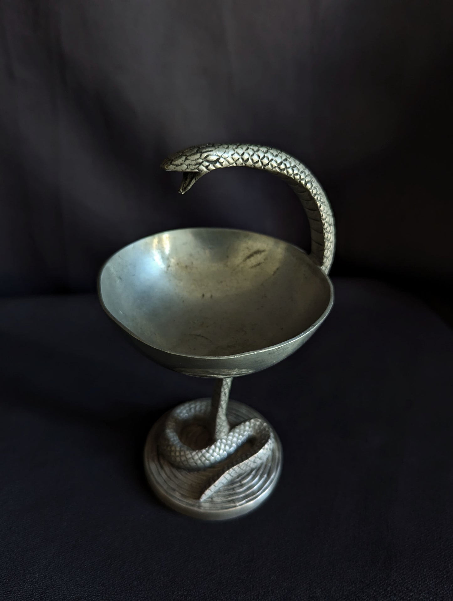 Antique pewter pharmacy caduceus with snake, early 20th