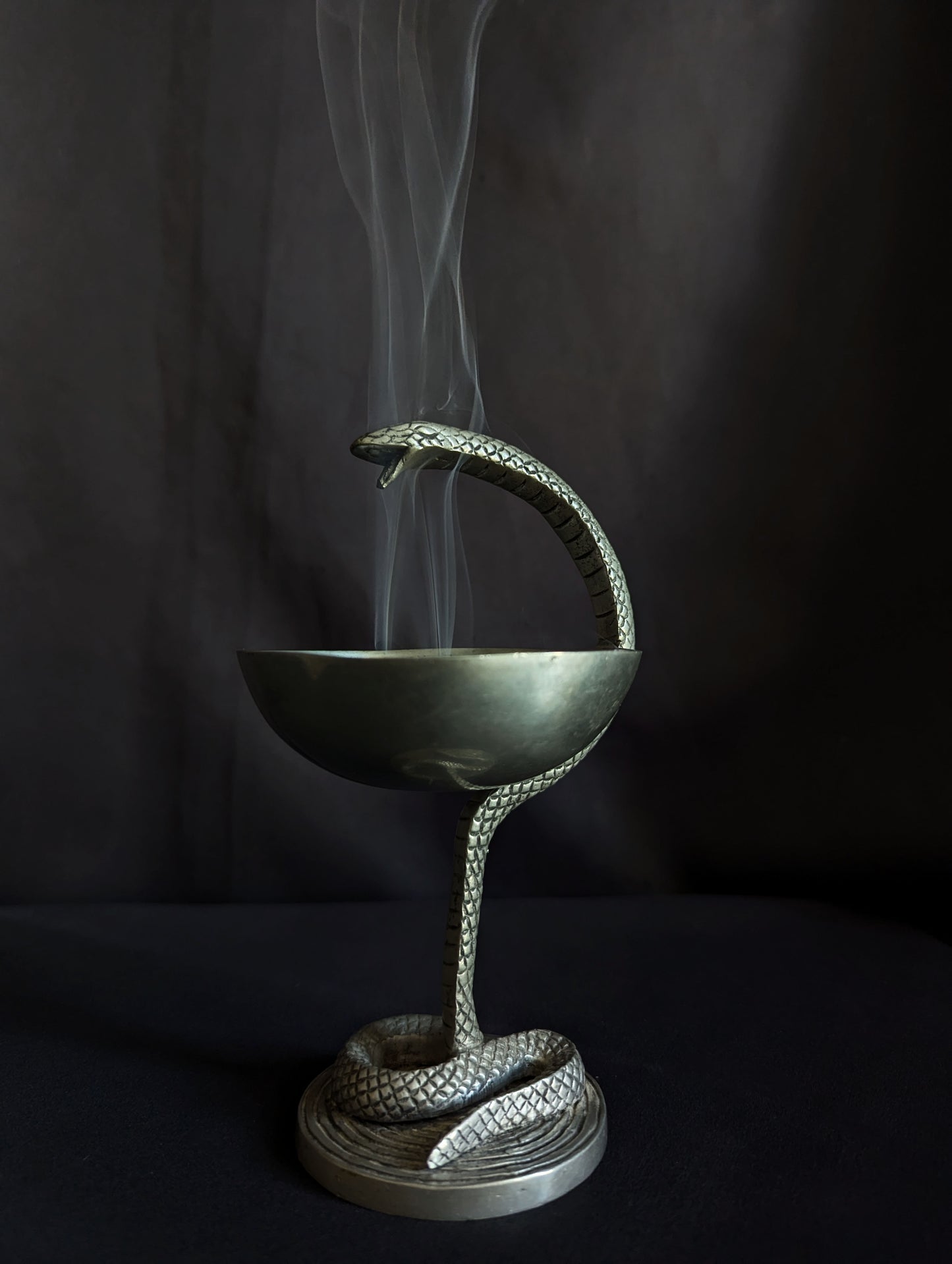 Antique pewter pharmacy caduceus with snake, early 20th