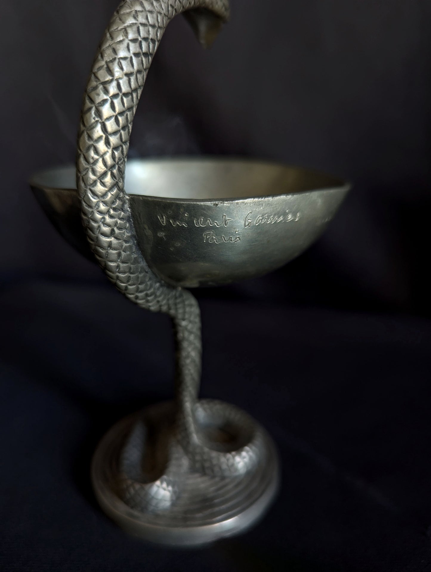 Antique pewter pharmacy caduceus with snake, early 20th