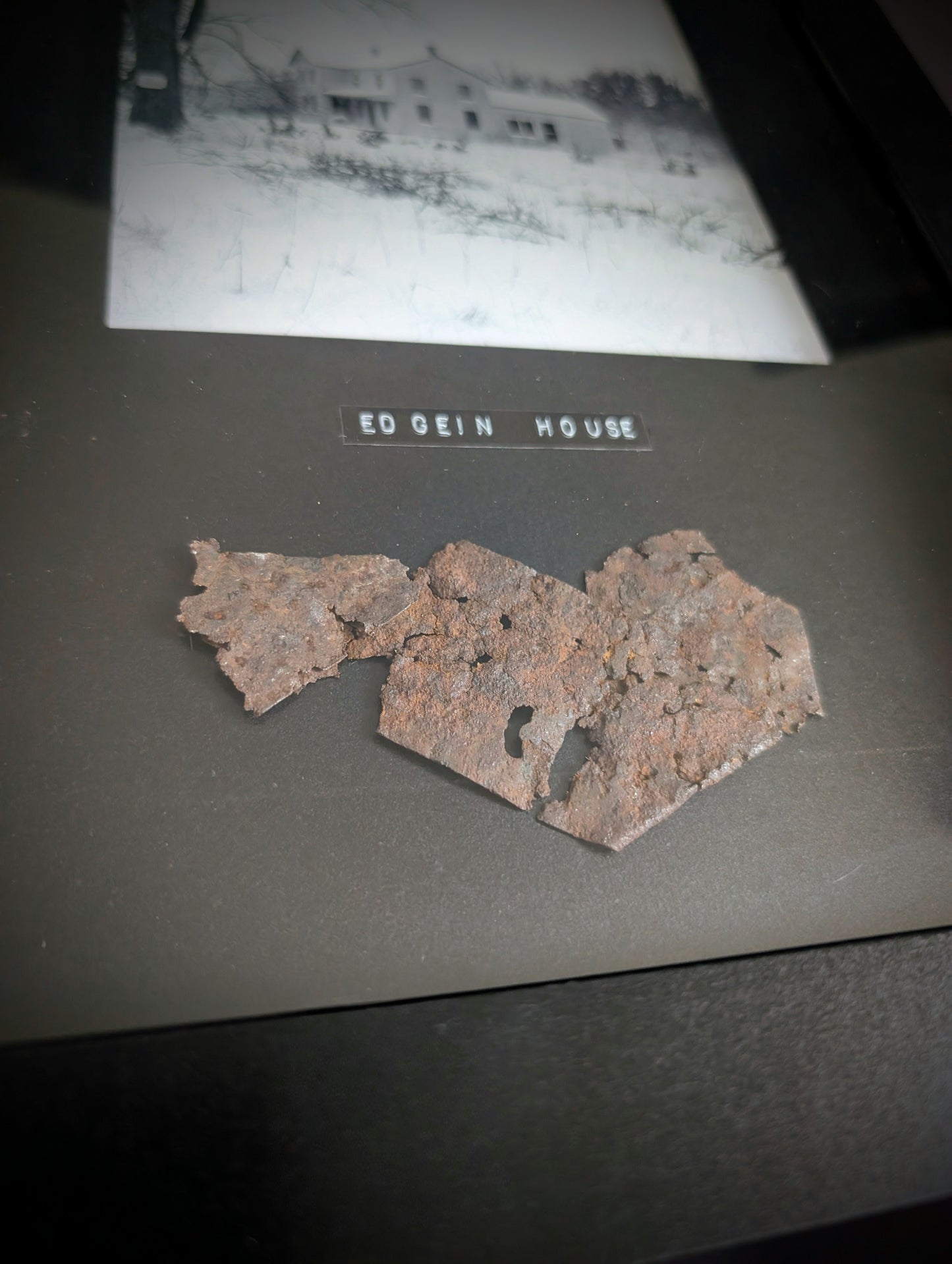 Piece of ED GEIN's infamous farm in a frame with photo