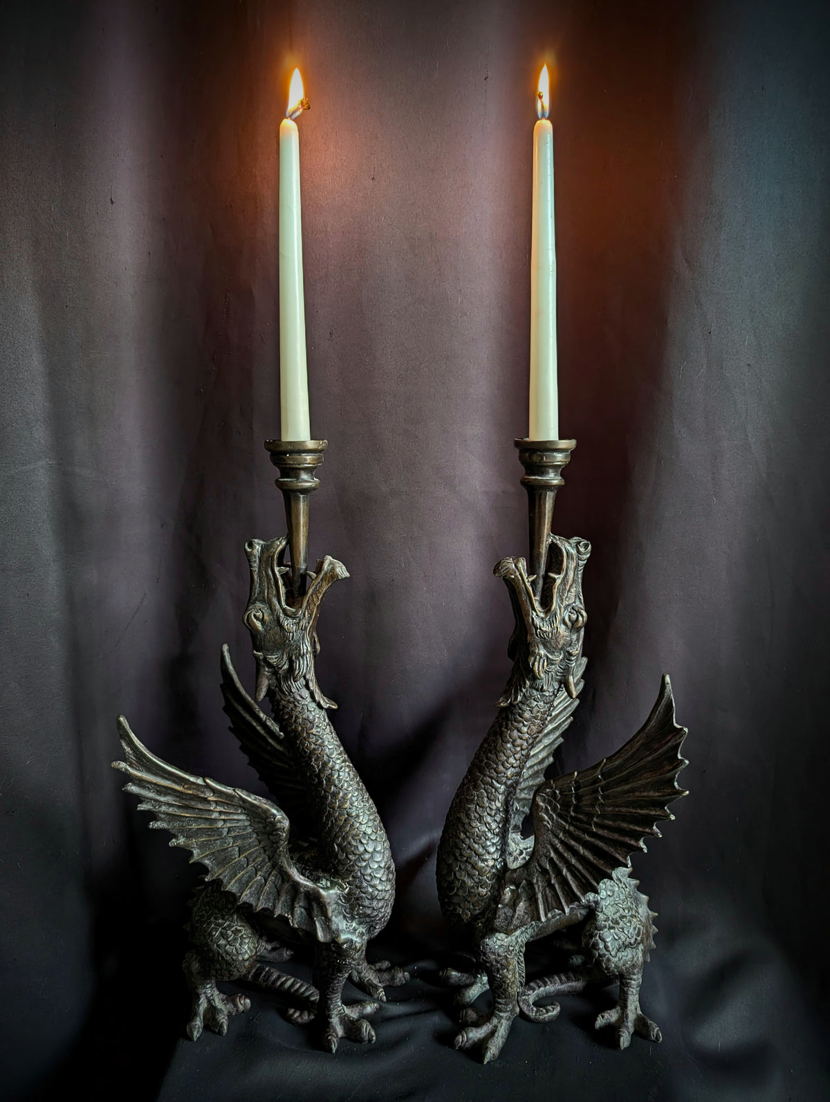 Magnificent Pair of Antique Bronze Dragon Candlesticks