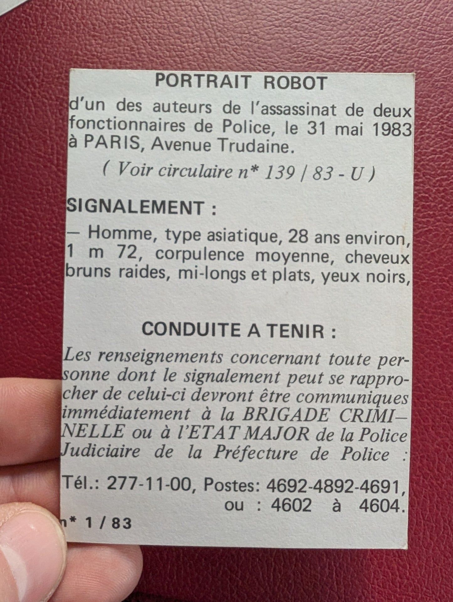 Original composite sketch card belonging to a french police man in the 1980s (criminal wanted for two murders)