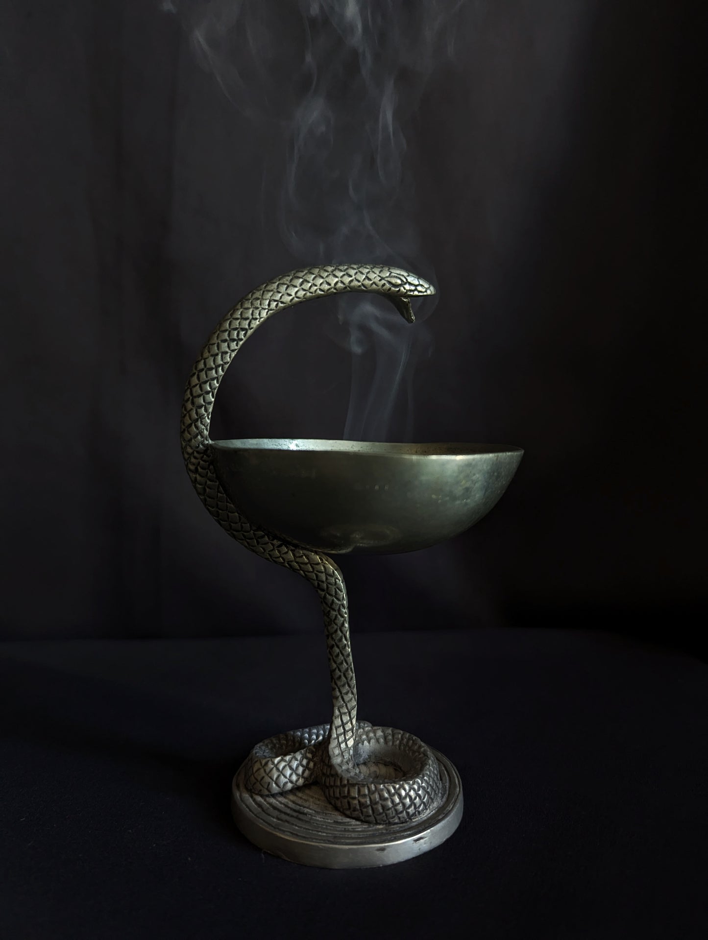 Antique pewter pharmacy caduceus with snake, early 20th