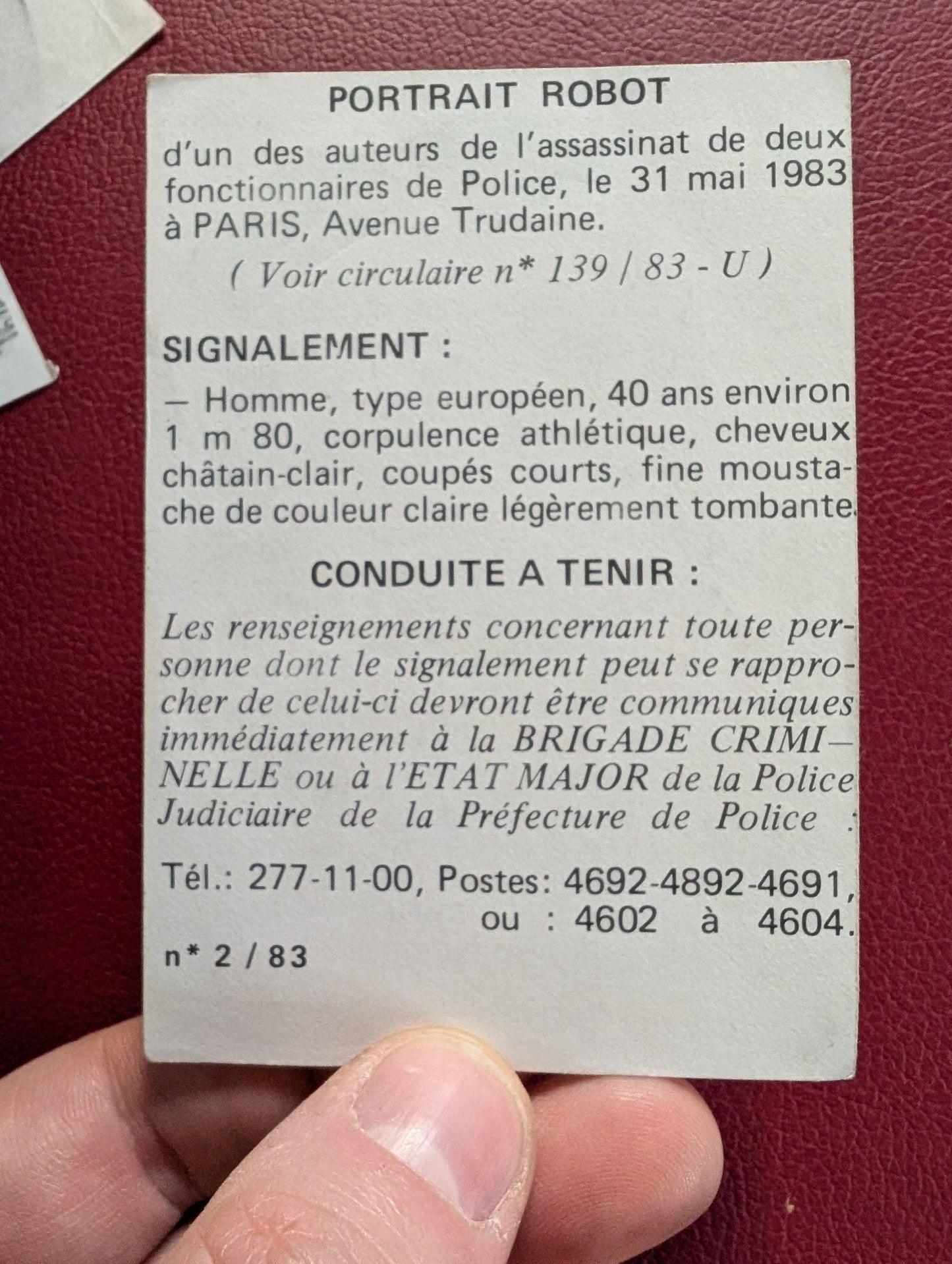 Original composite sketch card belonging to a french police man in the 1980s (criminal wanted for two murders)