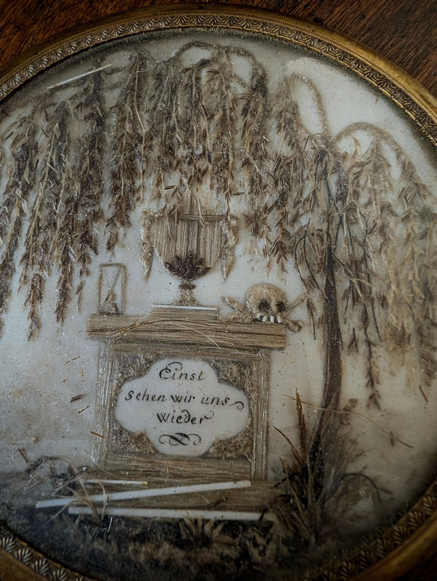 Antique german reliquary of deceased's hair 19th (with memento mori)