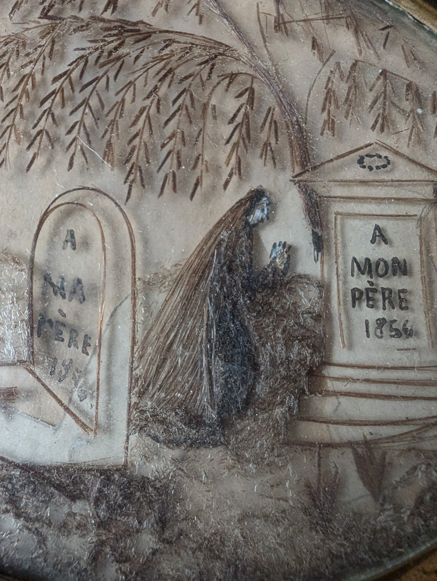 Very old reliquary with hair and mourning scene, mid-19th century (1856)