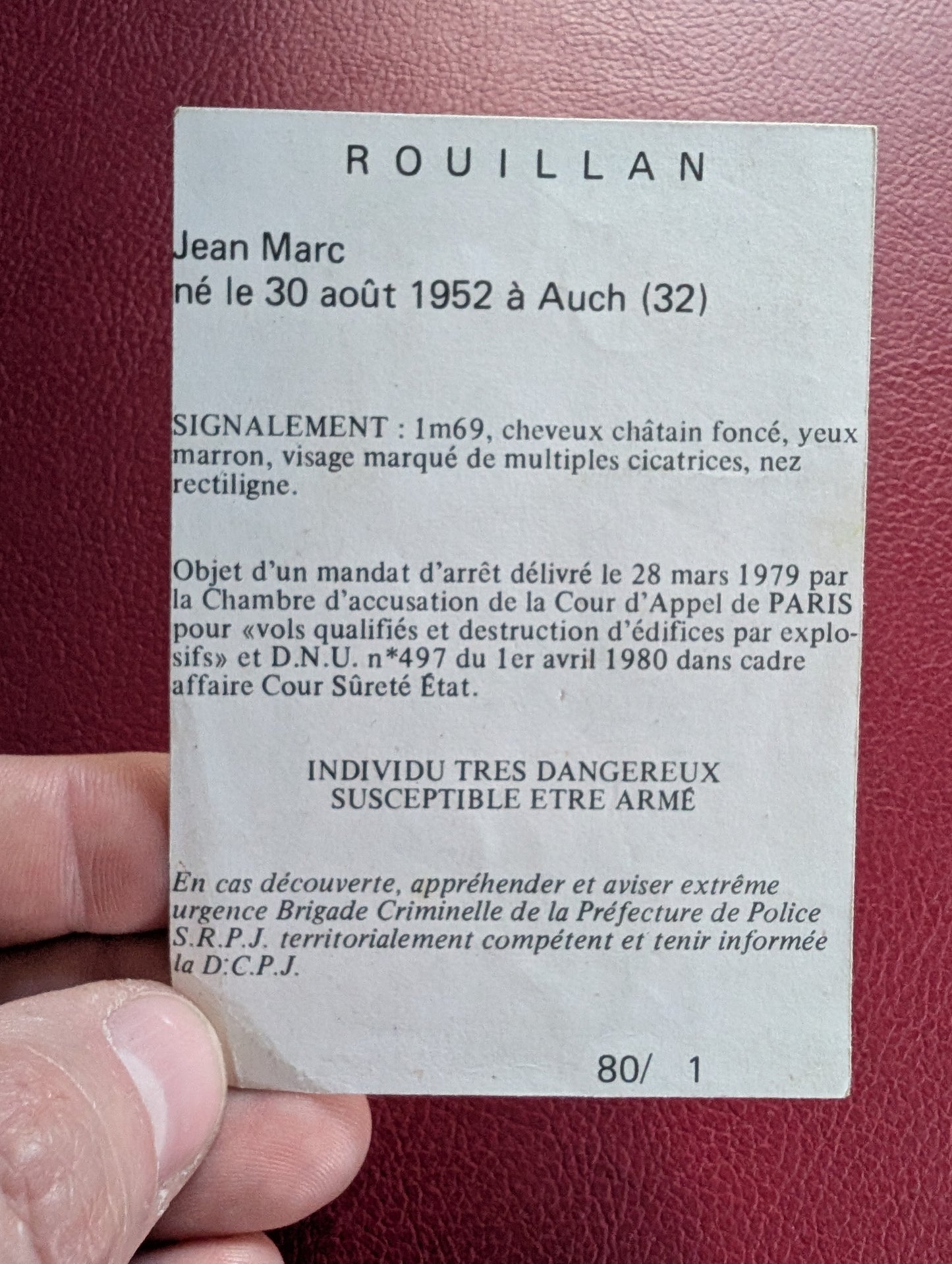 Wanted criminal cards, belonged to a police officer in the 1980s, set of two cards