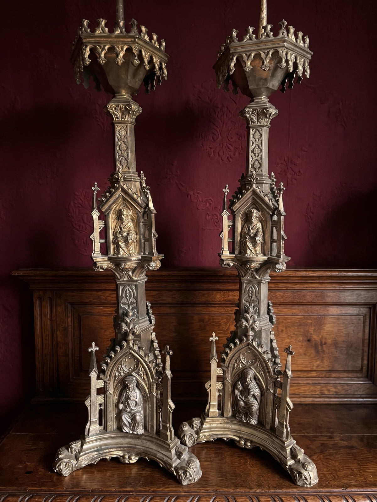 Magnificent pair of 19th-century French Neo-Gothic religious candlesticks