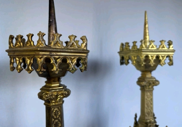 Magnificent pair of 19th-century French Neo-Gothic religious candlesticks