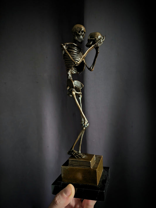 Memento Mori Bronze - Skeleton Sculpture holding a skull (31cm)