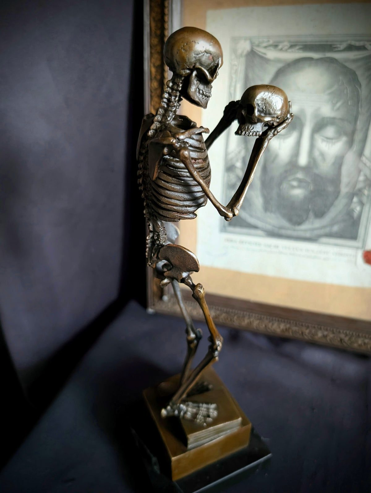 Memento Mori Bronze - Skeleton Sculpture holding a skull (31cm)