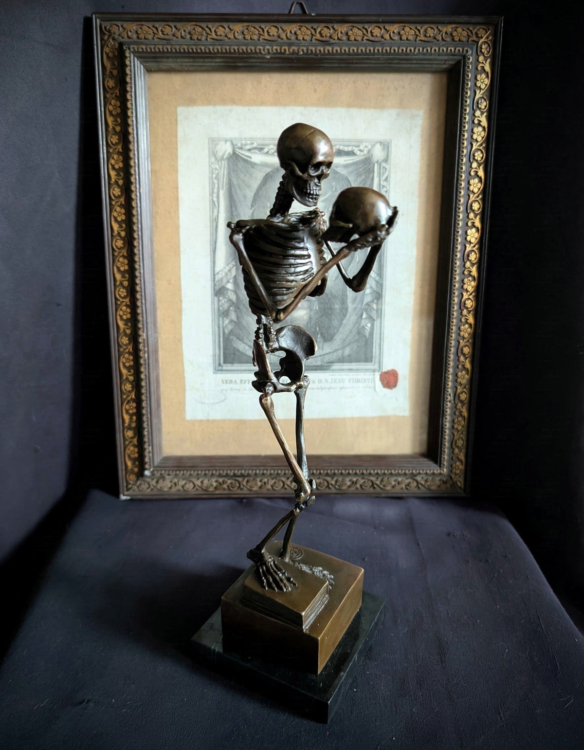 Memento Mori Bronze - Skeleton Sculpture holding a skull (31cm)