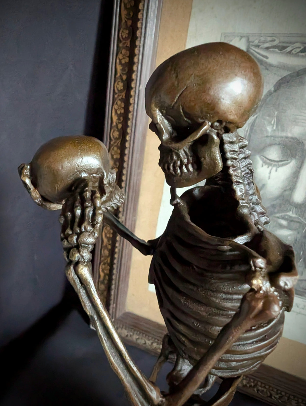 Memento Mori Bronze - Skeleton Sculpture holding a skull (31cm)