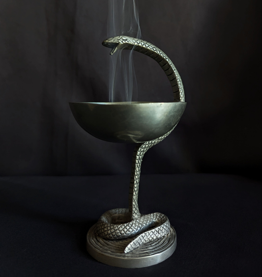 Antique pewter pharmacy caduceus with snake, early 20th