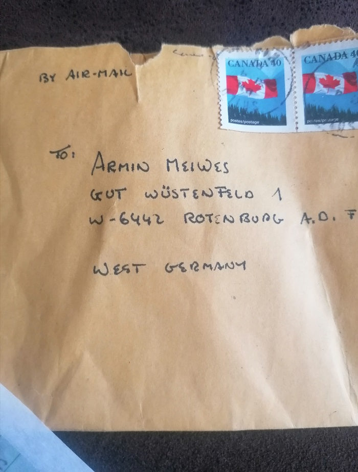 Invoice signed 4x by Armin Meiwes the cannibal of Rotenburg with envelope