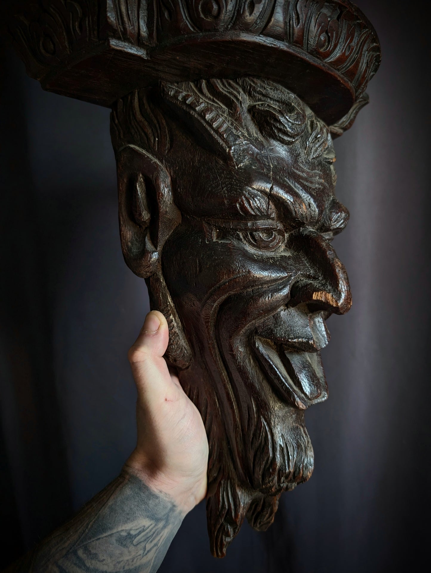 Antique carved wooden Satyr’s head from the 1850's    (40cm!)