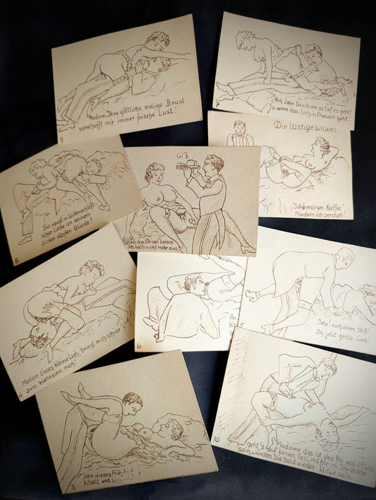 10 cards with erotic drawings belonging to a German soldier from World War I (Curiosa)