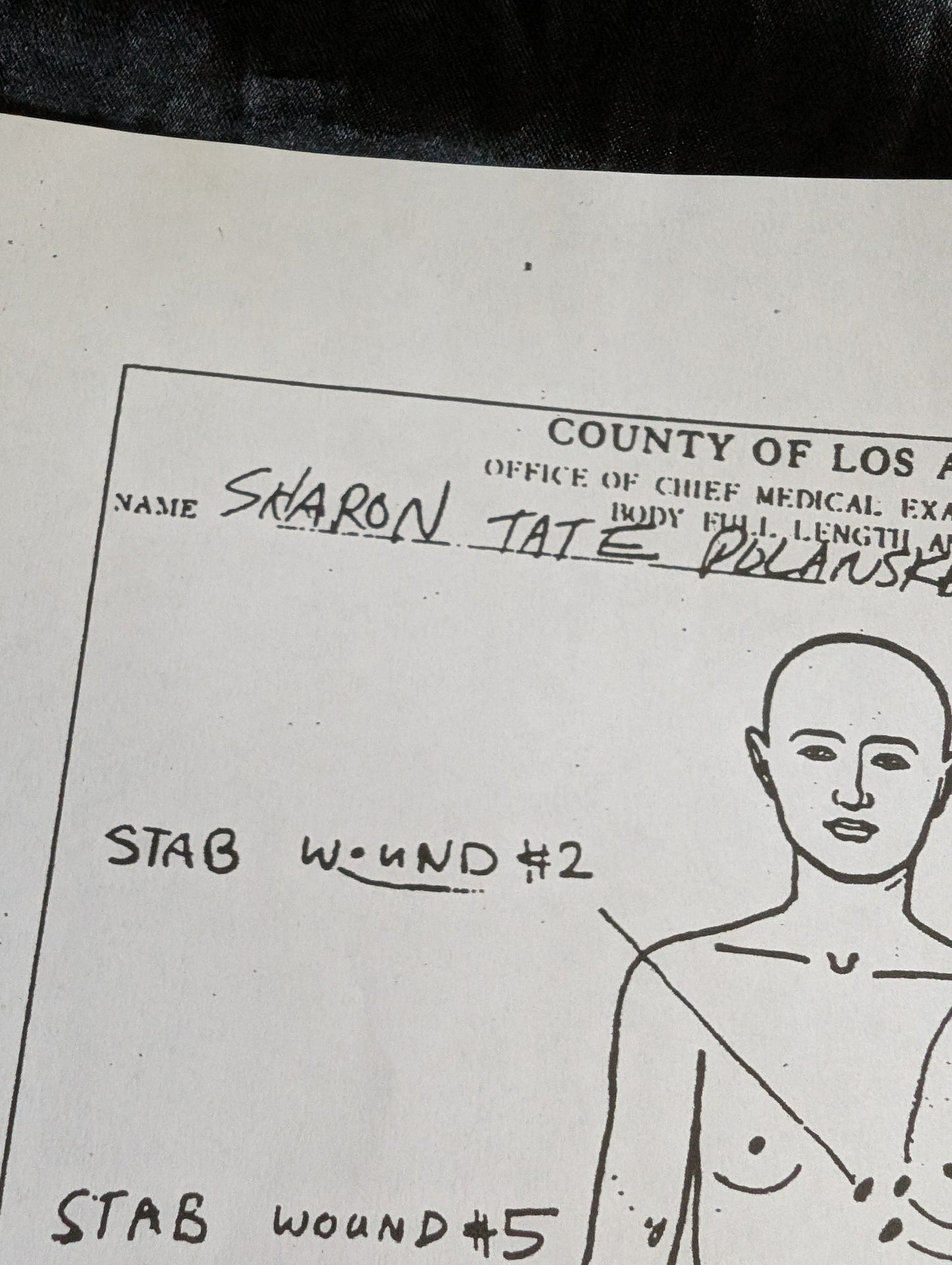 Original letter of Charles "Tex" Watson, ex member of the "Manson Familly" + pictures of him + copy of body diagram of Sharon Tate