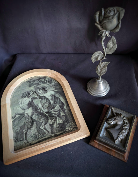 Antique Pewter Rose, Unicorn Paperweight & Framed Satyr erotic Print (set of 3)