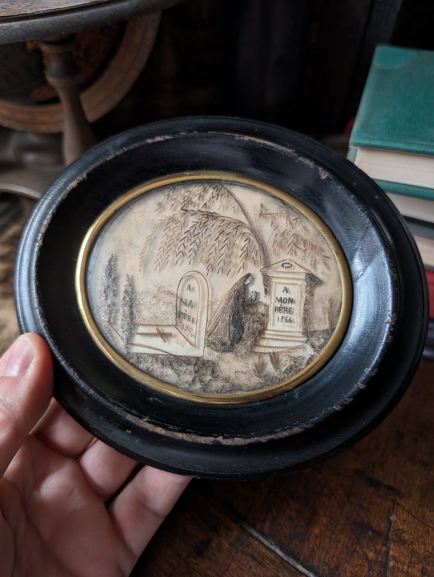 Very old reliquary with hair and mourning scene, mid-19th century (1856)