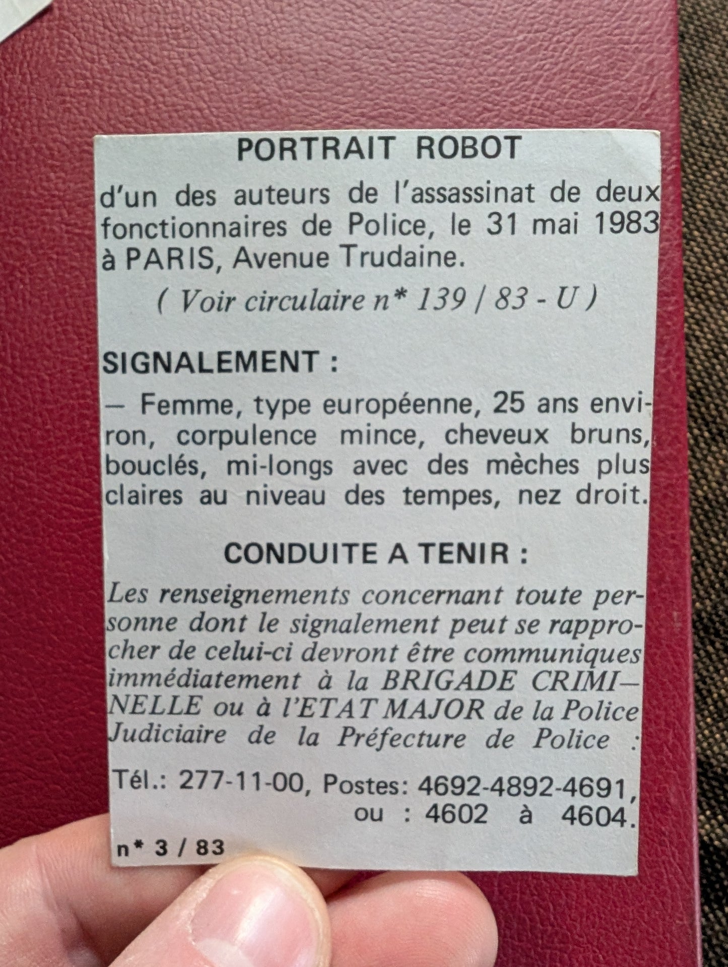 Original composite sketch card belonging to a french police man in the 1980s (criminal wanted for two murders)