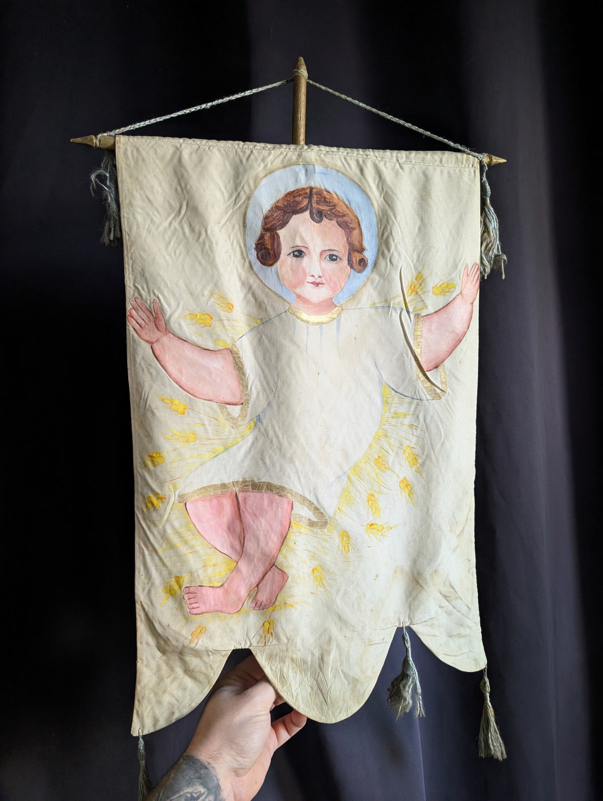 Antique church processional banner, with original painting from the early 1910s (68cm)