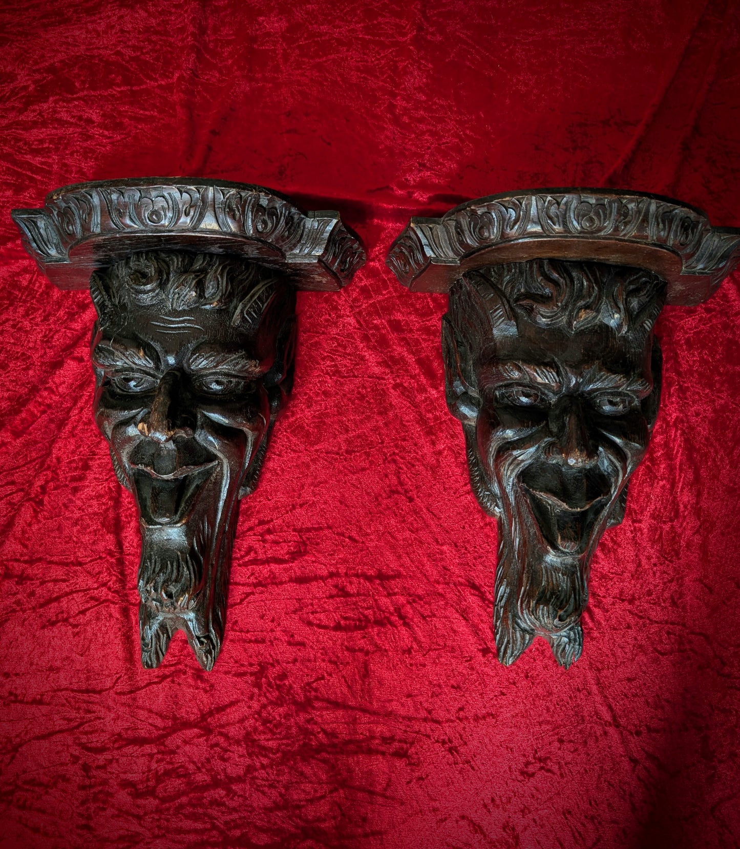 Pair of antique carved wooden Satyr’s head from the 1850's    (40cm!)