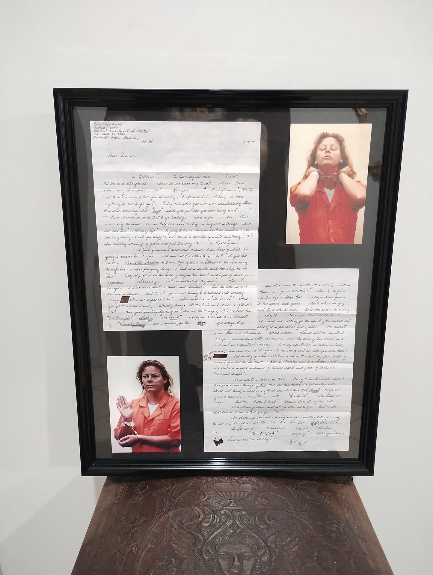 Letter of Aileen Wuornos 2 pages signed 1999 framed