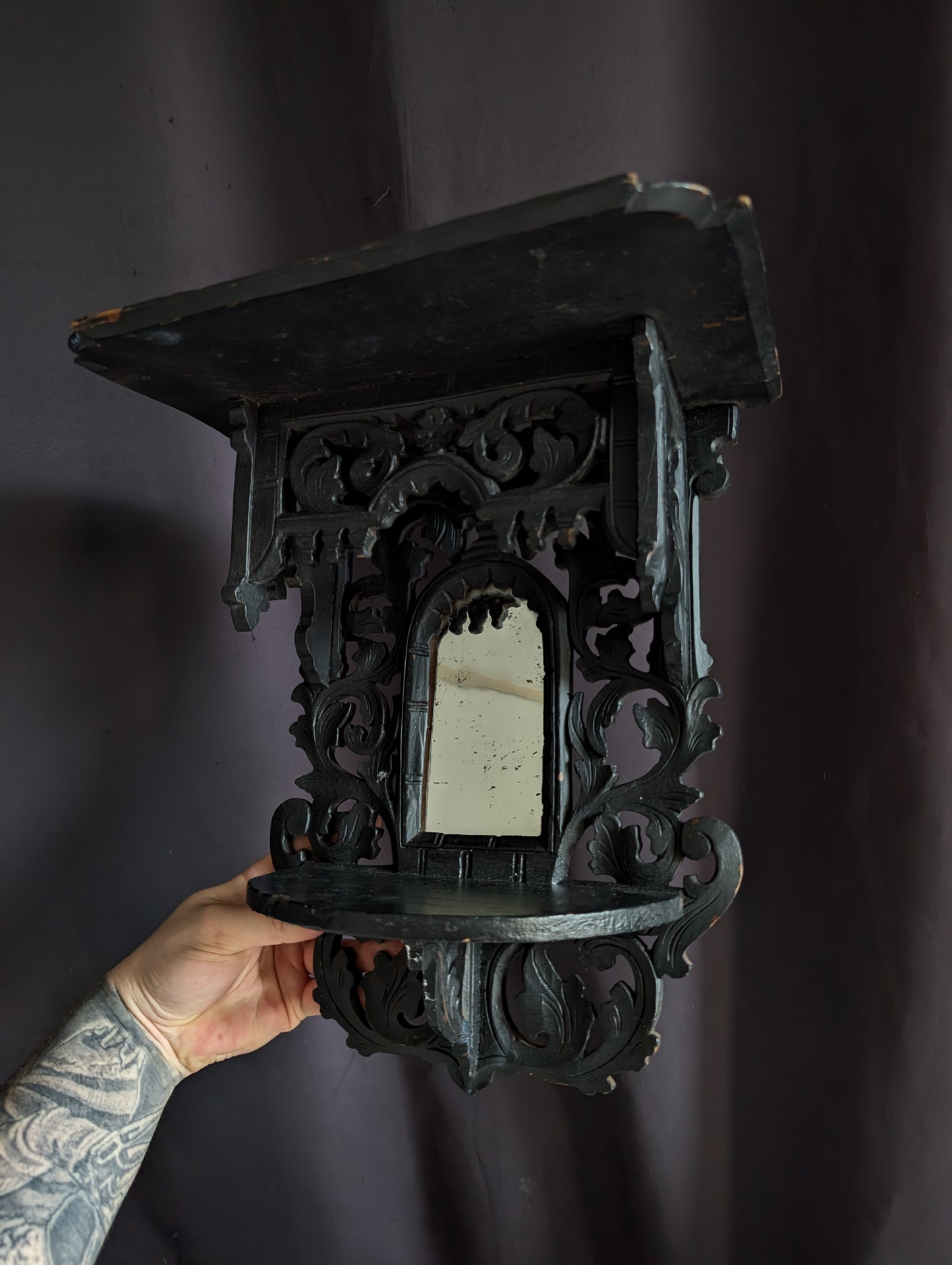 Antique black wooden wall-mounted console table (34x31cm) mid 20th century