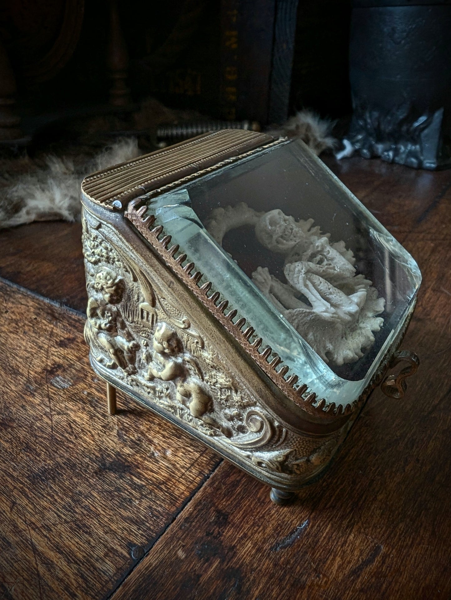 Memento mori / Hand-Carved Skeleton Figure in Deer Antler – Antique Glass Display Casket