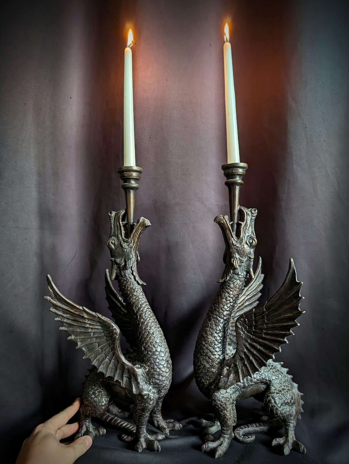 Magnificent Pair of Antique Bronze Dragon Candlesticks
