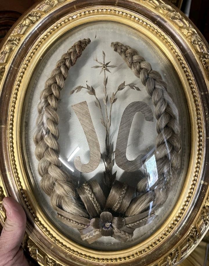 Antique reliquary frame with blond hair, late 19th century