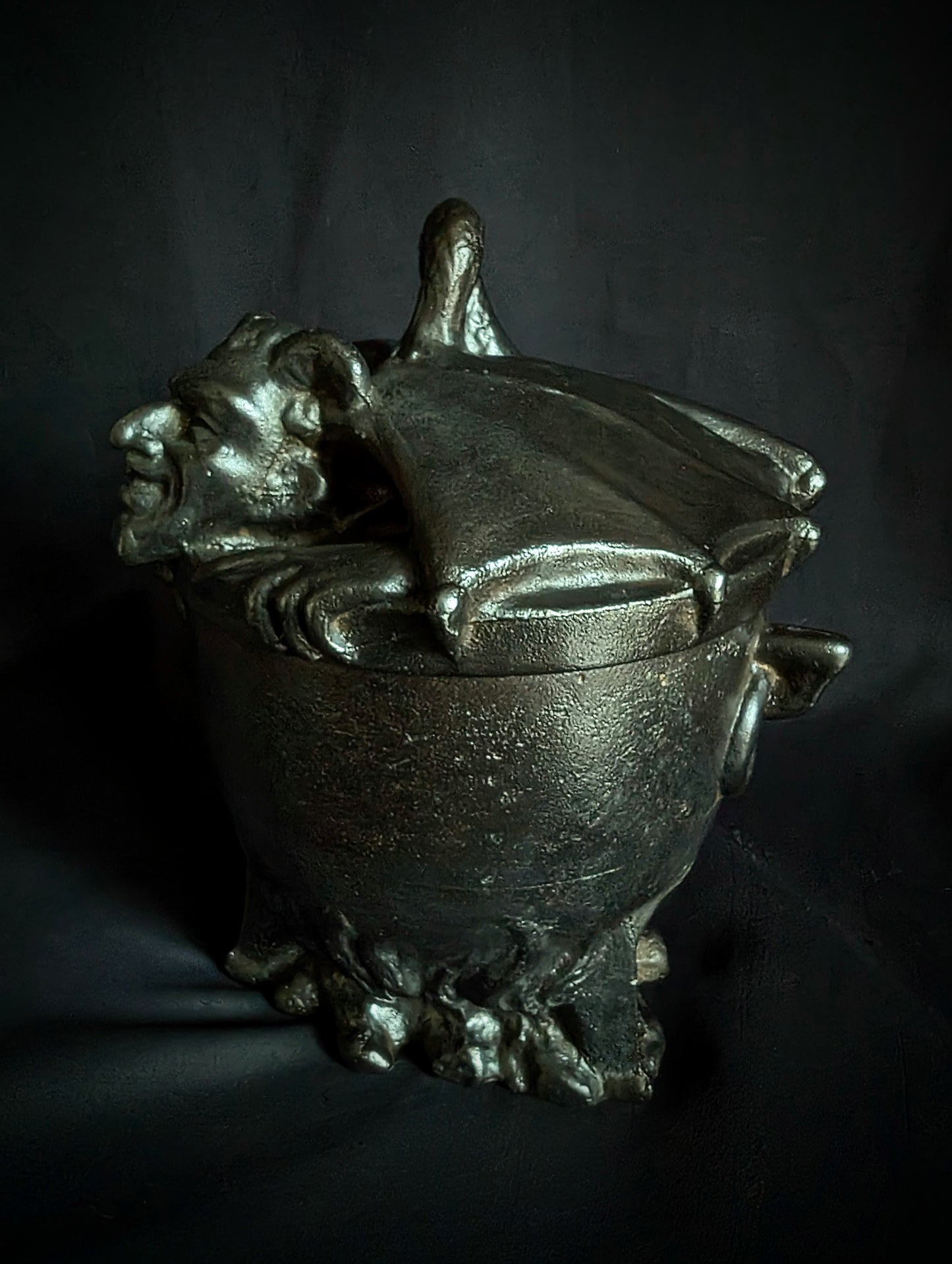 Rare antique tobacco pot with Devil on cauldron (cast iron, circa 1900)