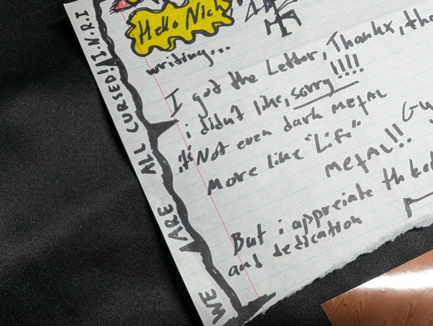 Original letter written in marker by Pelle "DEAD" Ohlin from the Black Metal band  Mayhem 1990 (Very Rare)