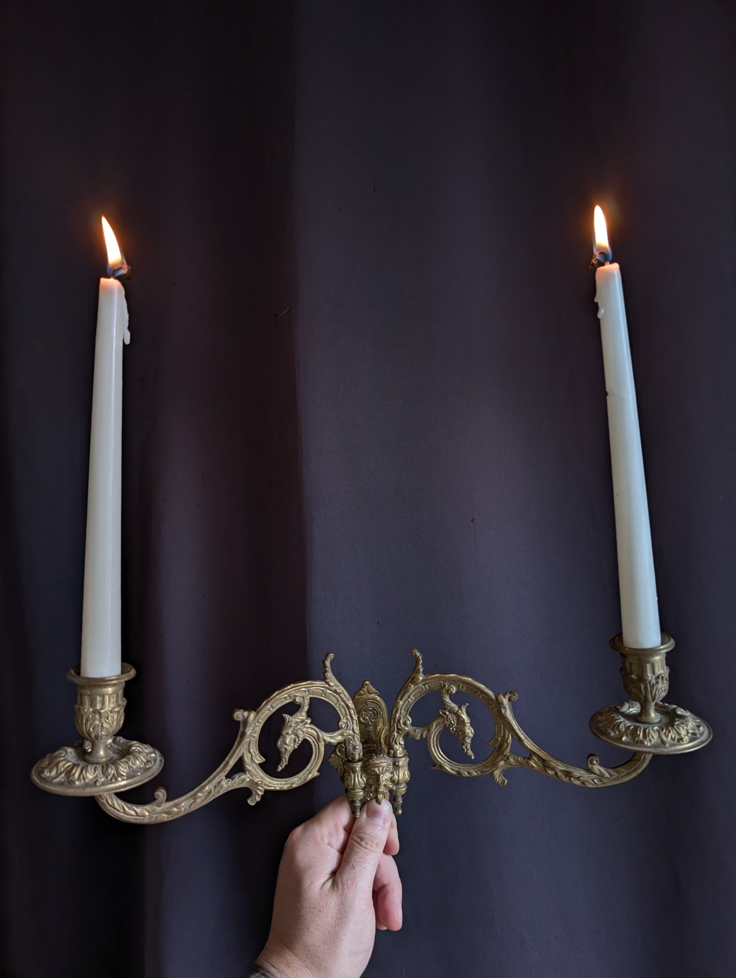 Antique piano candlesticks, 19th century, featuring devil’s heads