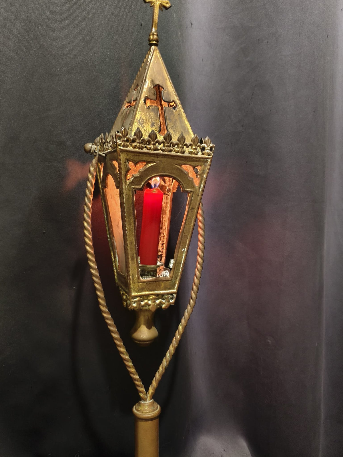 Magnificent 19th-century copper and brass lantern mounted on a wooden base
