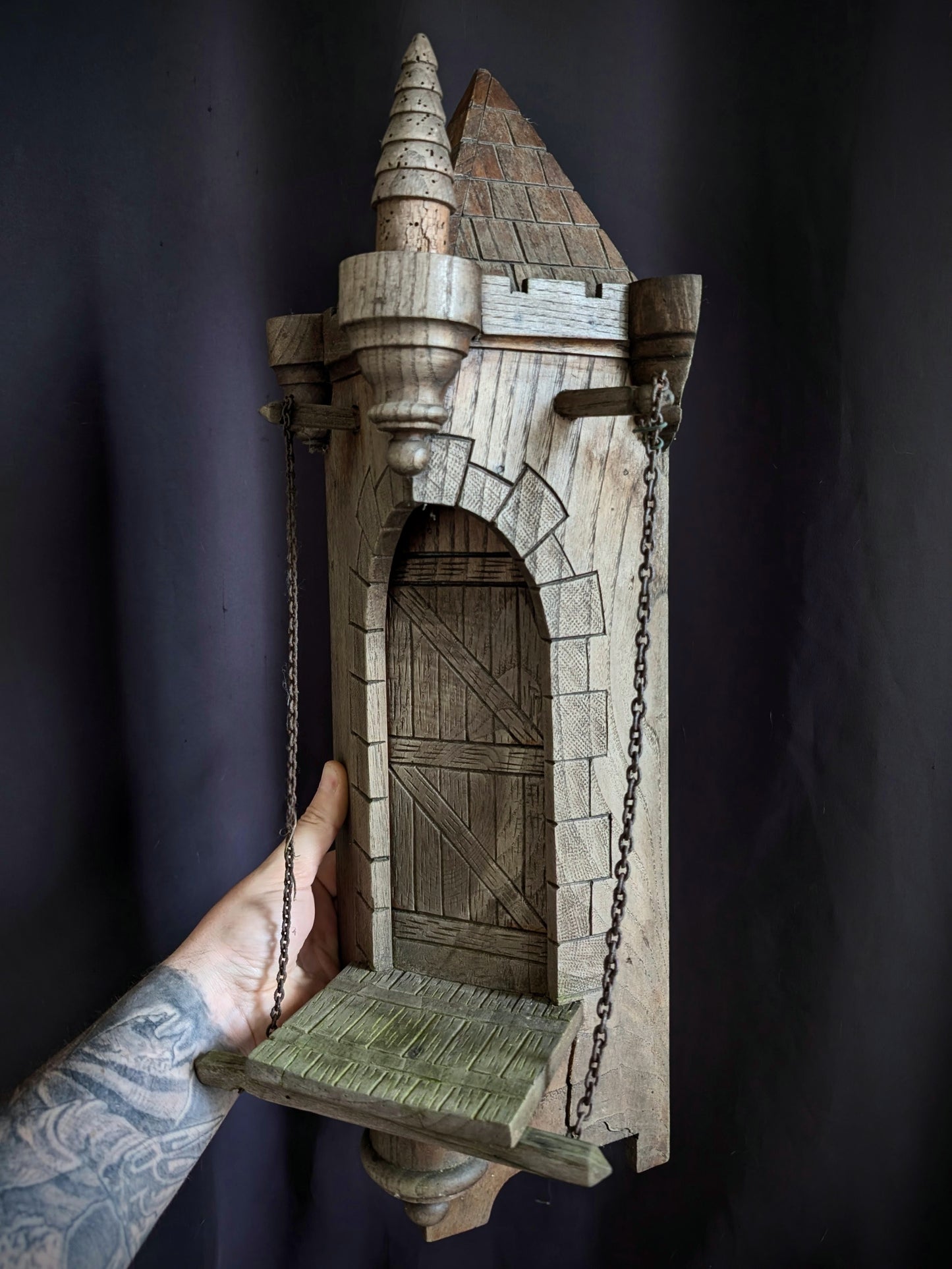 Medieval carved wooden tower shelf (mid 20th)