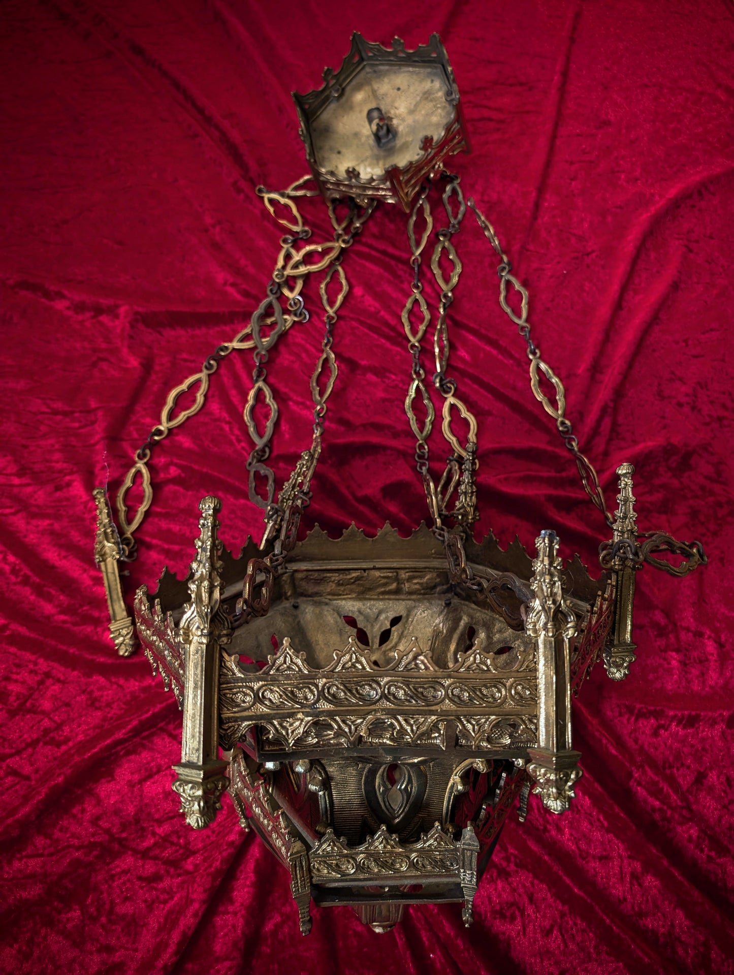 Antique Neo-Gothic Church Chandelier, featuring elaborate Gothic Revival ornamentation. (Valued at €800, but in its current condition, €450)