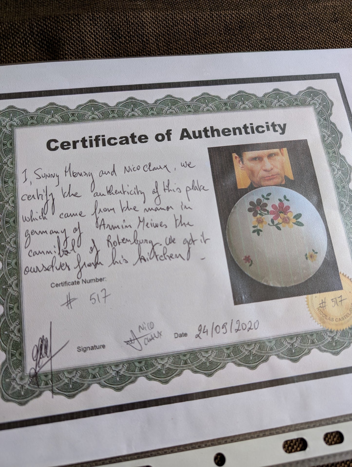 Real Cannibal Plate owned by Armin Meiwes