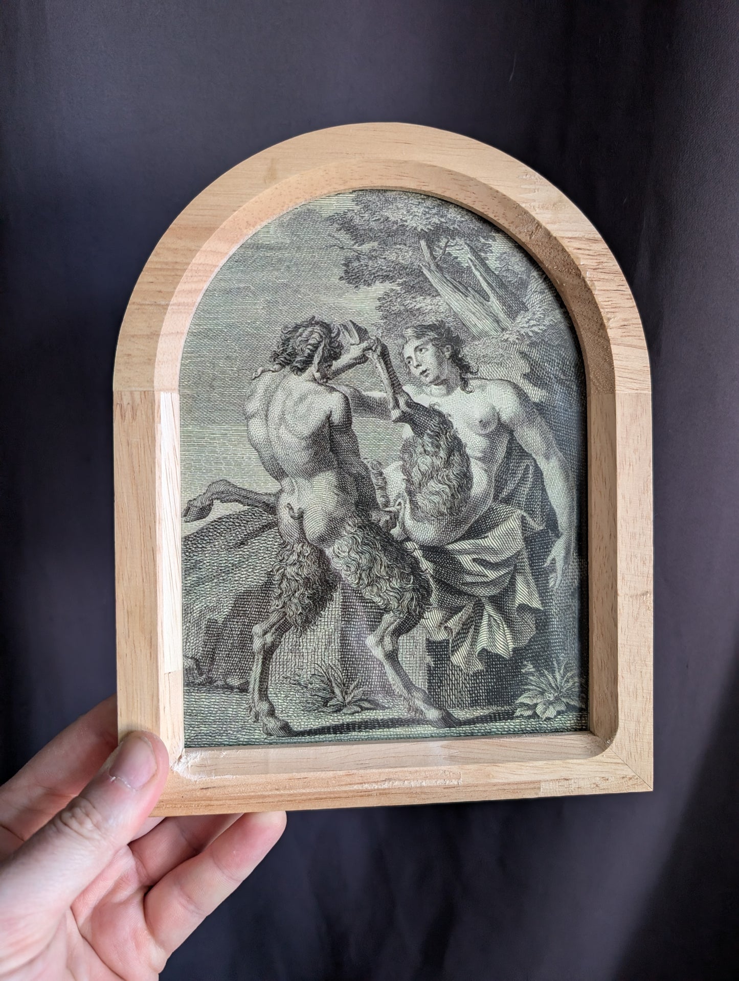 Antique Pewter Rose, Unicorn Paperweight & Framed Satyr erotic Print (set of 3)