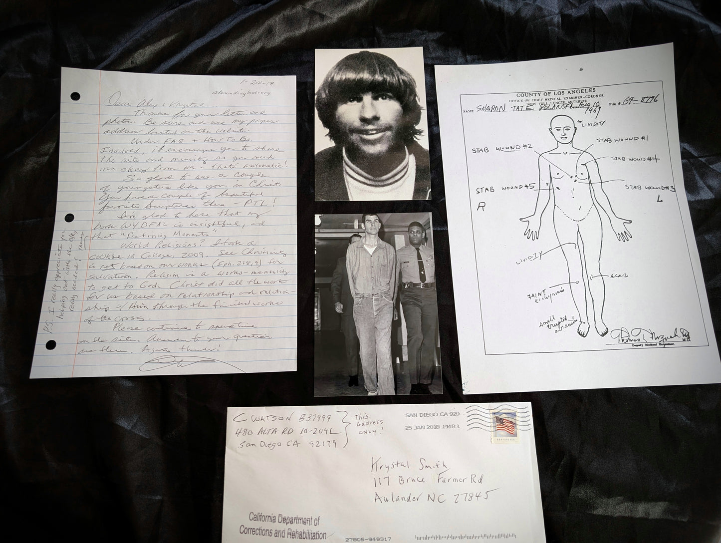 Original letter of Charles "Tex" Watson, ex member of the "Manson Familly" + pictures of him + copy of body diagram of Sharon Tate