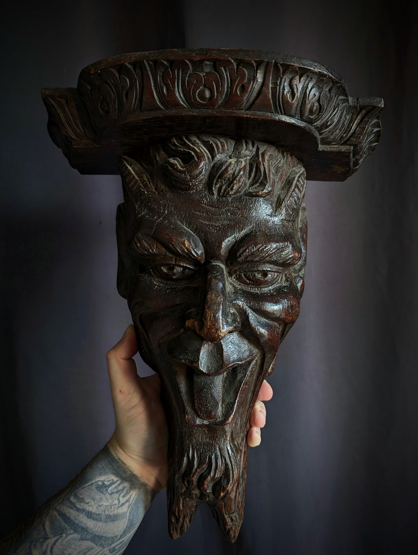 Antique carved wooden Satyr’s head from the 1850's    (40cm!)