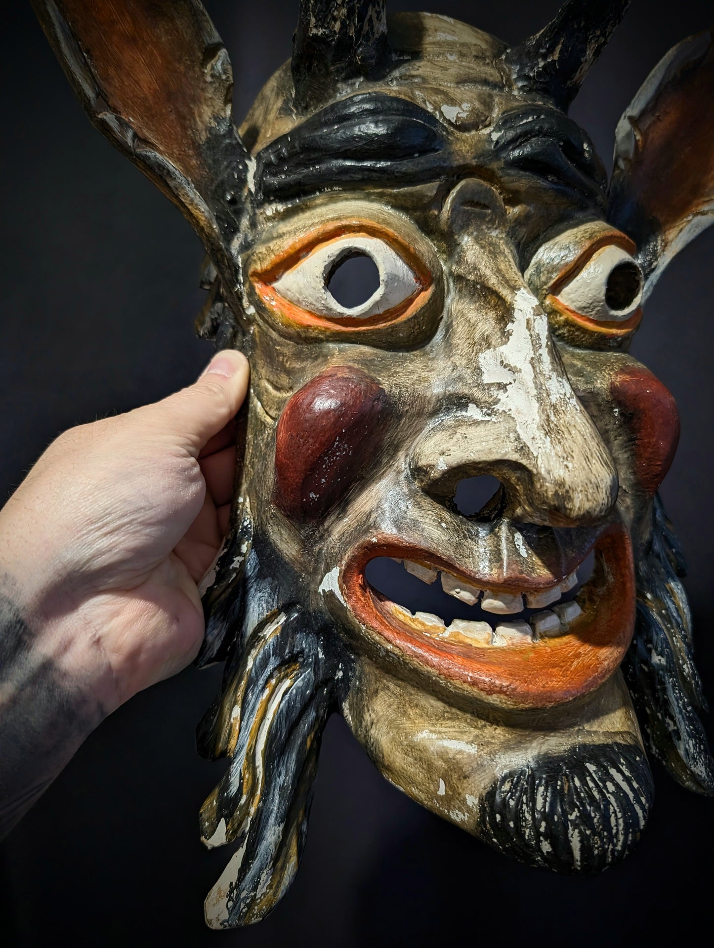 Antique carved wooden Krampus mask from Innsbruck, Austria (mid 20th)