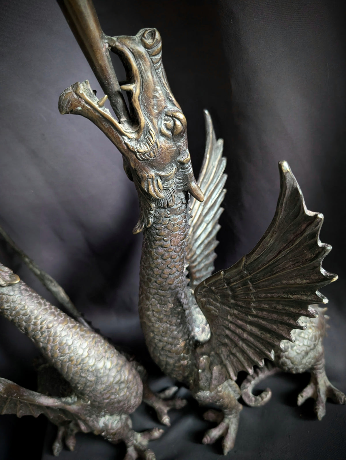 Magnificent Pair of Antique Bronze Dragon Candlesticks