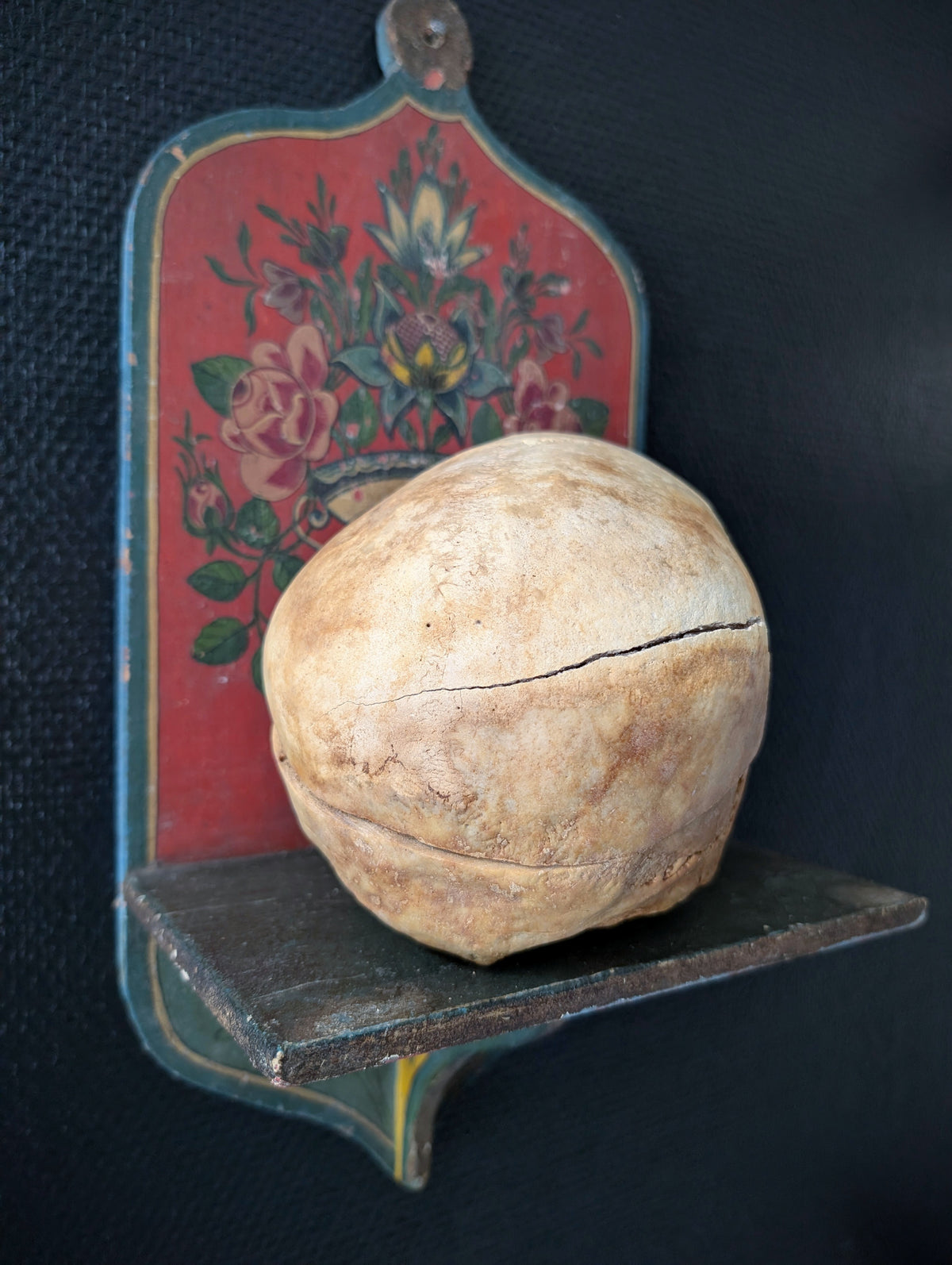 Sectioned skull from a private collection belonging to a doctor in Germany, 1915. Displayed on an antique Alpine folk art painted wooden wall shelf (Bauernmalerei)