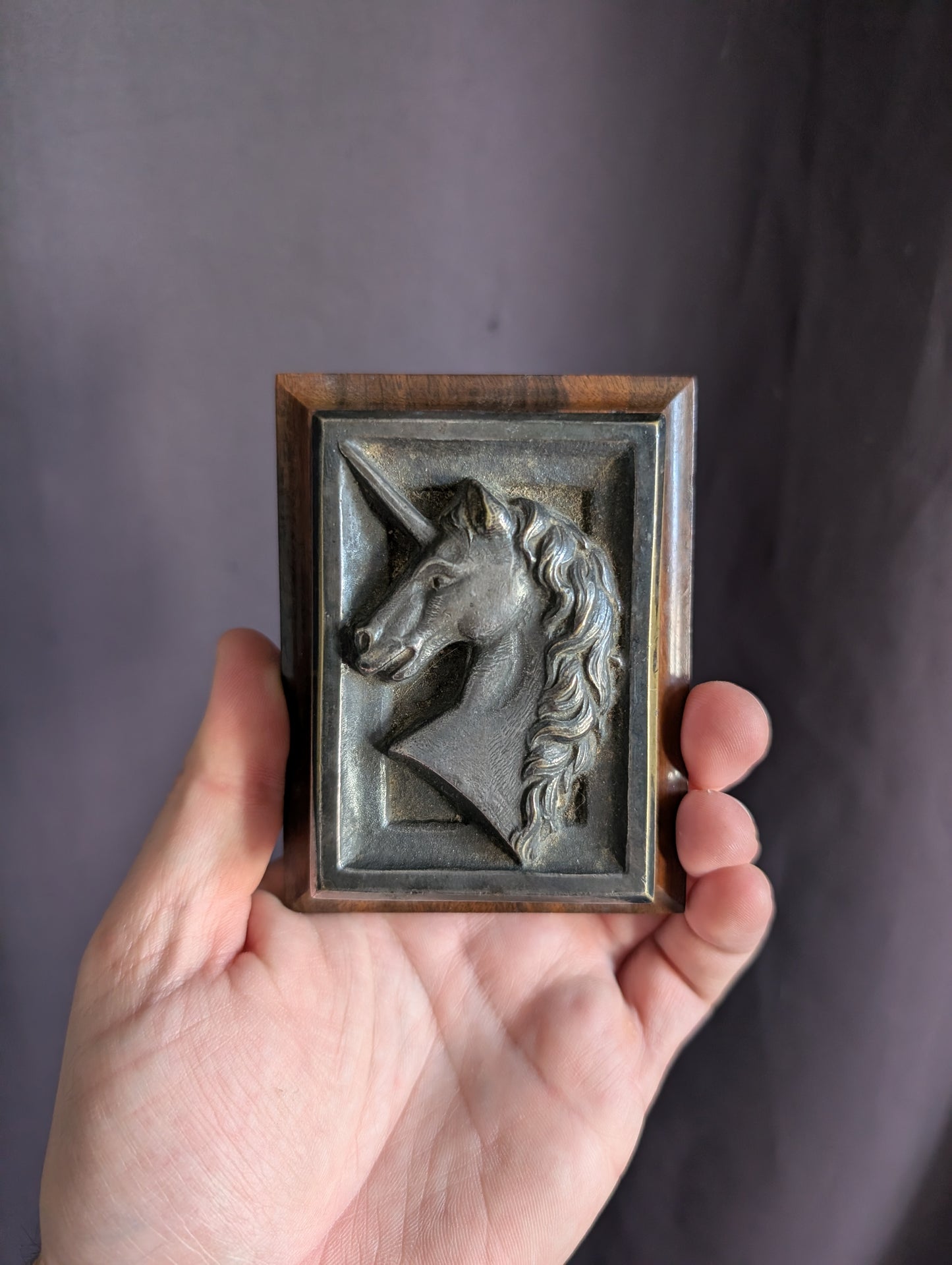 Antique Pewter Rose, Unicorn Paperweight & Framed Satyr erotic Print (set of 3)
