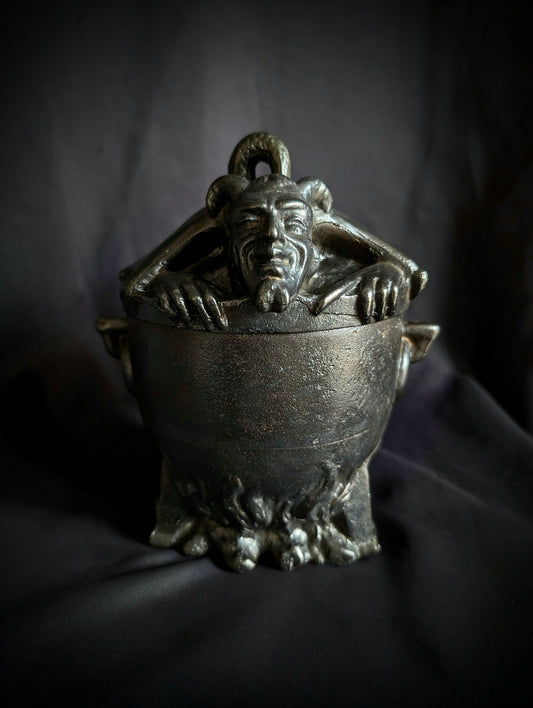 Rare antique tobacco pot with Devil on cauldron (cast iron, circa 1900)