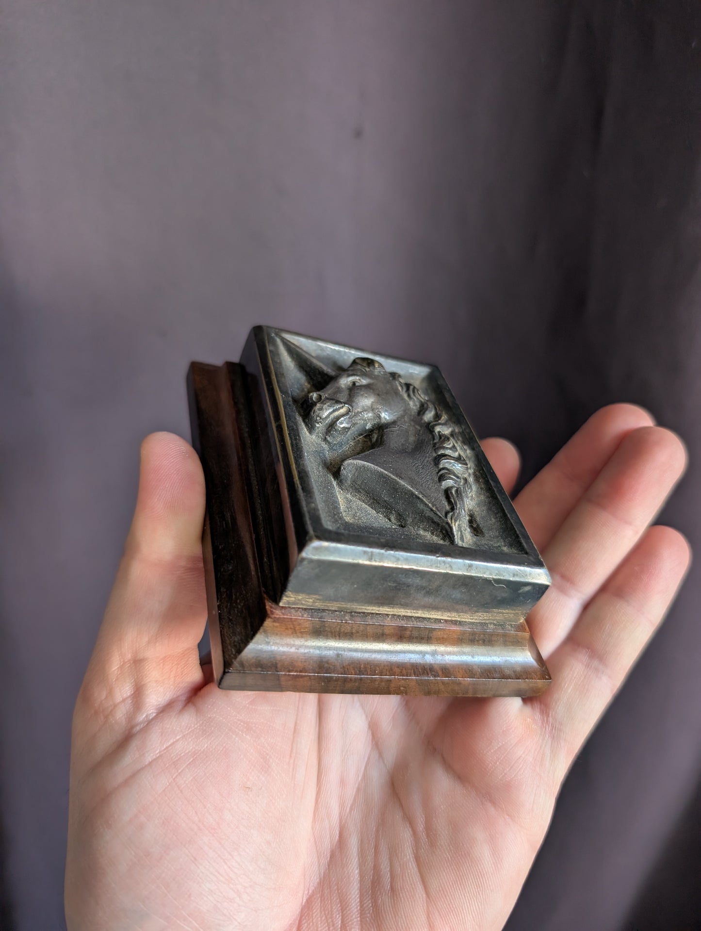 Antique Pewter Rose, Unicorn Paperweight & Framed Satyr erotic Print (set of 3)