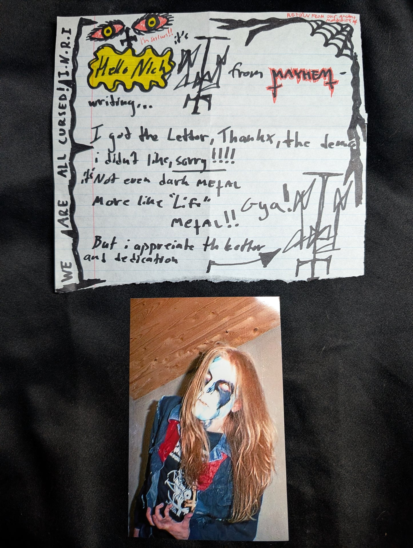 Original letter written in marker by Pelle "DEAD" Ohlin from the Black Metal band  Mayhem 1990 (Very Rare)