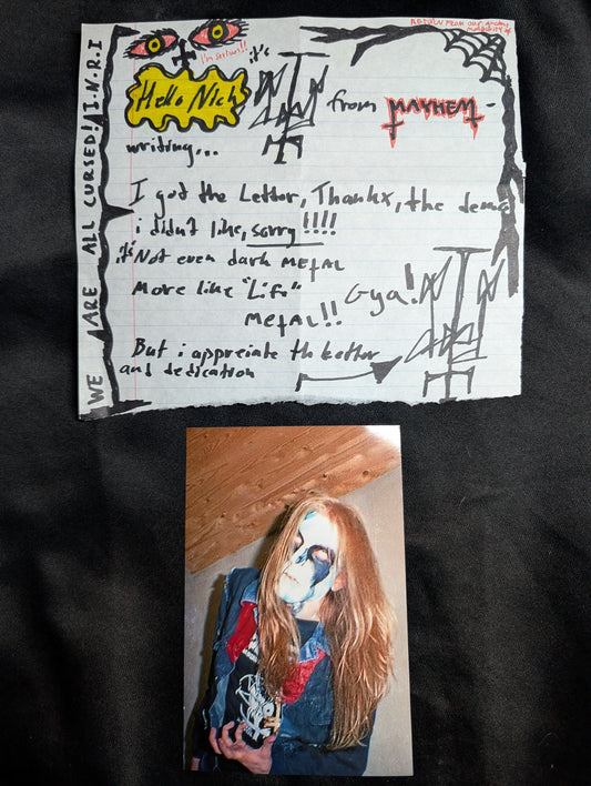 Original letter written in marker by Pelle "DEAD" Ohlin from the Black Metal band  Mayhem 1990 (Very Rare)